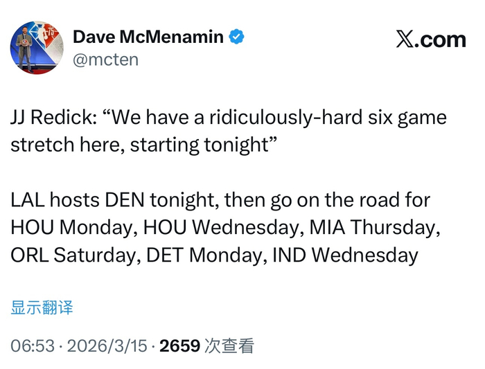 湖人面临卡位战与连续客场挑战 雷迪克称赛程极